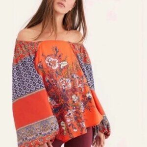 Free People Positano Orange Floral Blouse Boho Long Sleeve Oversized Size M